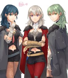3girls alternate_color blue_eyes blue_hair clothing_cutout dagger female_byleth_(fire_emblem) female_focus fire_emblem fire_emblem:_three_houses green_eyes green_hair jacket jacket_on_shoulders knife long_hair multiple_girls multiple_persona navel navel_cutout nintendo pantyhose purple_eyes red_pantyhose shorts super_smash_bros. weapon white_hair