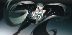 1girl absurdly_long_hair absurdres aqua_hair aqua_nails aqua_necktie arm_tattoo bare_shoulders black_boots blurry boots closed_eyes collared_shirt commentary floating_hair gradient_background grey_shirt hair_ornament hatsune_miku heart highres light_particles long_hair miniskirt necktie number_tattoo pleated_skirt shirt skirt sleeveless sleeveless_shirt solo tattoo thigh_boots tlseone unknown_mother_goose_(vocaloid) very_long_hair vocaloid wing_collar