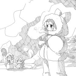 3girls absurdres binoculars blush breath cirno closed_eyes closed_mouth coat cold commentary_request cookie_(touhou) cranberry_(cookie) daiyousei frog_hat_ornament full_body fur_coat greyscale hatching_(texture) highres holding holding_shovel ice ice_wings iceberg kochiya_sanae micha_(cookie) monochrome muimui_(4242564muimui) multiple_girls open_mouth pants sagiri_(cookie) short_hair shovel snot standing touhou wings