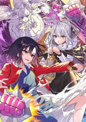 Rule 34 | 4girls, :o, add (fate), ahoge, android, black dress, black hair, braid, braided bun, cage, chestnut mouth, clenched hands, cloak, dress, elizabeth bathory (fate), fate/grand order, fate (series), floating hair, fur-trimmed cloak, fur-trimmed jacket, fur trim, gray (fate), grey hair, hair bun, hanagata, holding, holding cage, holding knife, holding weapon, hood, hooded cloak, horns, jacket, japanese clothes, kara no kyoukai, kimono, knife, mecha eli-chan (fate), mecha eli-chan mk.ii (fate), mechanical skirt, multiple girls, official art, open clothes, open jacket, open mouth, pink hair, red jacket, robot, rocket punch, ryougi shiki, short hair, smile, weapon