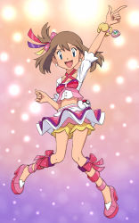 Rule 34 | 1girl, :d, absurdres, arm up, blue eyes, bracelet, brown hair, buttons, clenched hand, commentary request, cropped shirt, earrings, eyelashes, full body, highres, jewelry, knees, looking at viewer, may (contest) (pokemon), may (pokemon), miraa (chikurin), nintendo, open mouth, overskit, pink shoes, pokemon, pokemon oras, shirt, shoes, shorts, skirt, smile, solo, tongue, white shirt, white skirt, yellow shorts