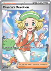 1girl :d artist_name beret bianca_(pokemon) blonde_hair blue_sky card_(medium) character_name clenched_hands cloud company_name copyright_name copyright_notice day dress english_text eyelashes green_bag green_eyes green_hat hat morikura_en nintendo official_art open_mouth orange_socks orange_vest outdoors pokemon pokemon_bw pokemon_card pokemon_tcg shoes short_hair short_sleeves sky smile socks solo teeth third-party_source trading_card upper_teeth_only vest water white_dress yellow_shoes