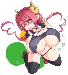 1girl :d areola_slip ben-day_dots black_panties black_shirt black_thighhighs breasts crop_top curled_horns deto dragon_horns fang hair_between_eyes hands_up highres horns huge_breasts ilulu_(maidragon) kobayashi-san_chi_no_maidragon long_hair micro_panties navel open_mouth panties partially_visible_vulva pointy_ears puffy_sleeves red_eyes red_hair red_shoes revealing_clothes screentones shirt shoes short_sleeves shortstack signature skin_fang slit_pupils smile solo thighhighs underboob underwear white_background