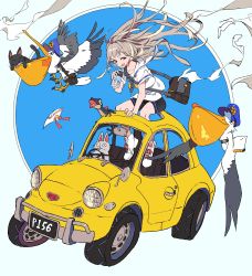 1girl :d animal bad_id bad_twitter_id bag bike_shorts bird blonde_hair bottle car cat grey_eyes grey_hair handbag highres holding holding_bottle lizard long_hair motor_vehicle multicolored_hair open_mouth original pelican sailor_collar school_uniform serafuku shirt shoes short_sleeves sitting smile sneakers streaked_hair two-tone_hair vehicle_focus white_footwear white_sailor_collar white_shirt you_(nanban319)