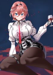 1girl absurdres alcohol arm_belt ascot belt black_belt black_gloves black_hairband black_skirt blue_eyes breasts closed_mouth cup drinking_glass fingerless_gloves gloves hair_between_eyes hairband head_wings highres holding holding_cup hololive long_sleeves mon_monn necktie pantyhose pink_hair pink_necktie red_wine shirt skirt smile solo takane_lui thigh_strap virtual_youtuber white_ascot white_shirt wine wine_glass wings zipper zipper_pull_tab