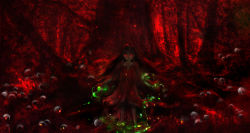 00 1girl blurry dark dress female_focus forest glowing glowing_eyes highres long_hair looking_at_viewer magic nature original red_eyes red_theme skull solo torn_clothes torn_dress tree