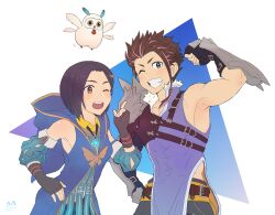 1boy 1girl amainu armor bare_shoulders bird black_hair blue_eyes blush brown_eyes brown_hair detached_sleeves fingerless_gloves flexing fururu_(tales) gauntlets gloves grin hair_ornament hood hood_down jewelry law_(tales) looking_at_viewer multicolored_hair necklace one_eye_closed open_mouth owl pink_hair pointing pointing_up rinwell_(tales) short_hair shoulder_armor side_slit sidelocks simple_background smile streaked_hair tales_of_(series) tales_of_arise teeth upper_teeth_only