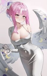 1girl alternate_costume arm_behind_back armpit_crease blue_archive blush breasts cellphone cleavage commentary covered_navel dongtan_dress dress feathered_wings grey_dress grey_jacket hair_bun halo highres holding holding_phone jacket large_breasts long_hair meme_attire mika_(blue_archive) phone pink_hair rcej7787 sidelocks simple_background single_bare_shoulder single_hair_bun smile solo very_long_hair white_wings wings yellow_eyes