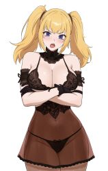 Rule 34 | 1girl, angry, ani (xai), bare shoulders, black corset, black gloves, blonde hair, blue eyes, blush, breasts, cleavage, corset, dial kasper, gloves, goth fashion, gothic lolita, grok (xai), highres, lace collar, lace trim, lingerie, lolita fashion, looking at viewer, open mouth, simple background, solo, thighhighs, twintails, twitter, underwear, xai (company)