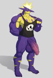 1boy abs absurdres barefoot bottomless e-zoid energy_hair furrification furry gen_8_pokemon highres large_penis large_testicles lizardman male_focus monster_boy muscular muscular_male navel nintendo nipple_slip nipples no_nose pectorals penis pokemon pokemon_(creature) see-through_clothes see-through_shirt shirt short_hair solo standing testicles toxtricity white_background