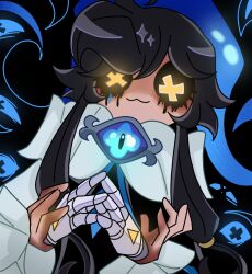 1girl black_bodysuit bodysuit cookie_run cookie_run:_kingdom cosplay cyn_(murder_drones) gloves highres humanoid_robot katkit637729776 long_hair long_sleeves looking_at_viewer low-tied_sidelocks mechanical_arms murder_drones puffy_sleeves robot shadow_milk_cookie shadow_milk_cookie_(cosplay) sidelocks simple_background white_gloves yellow_eyes