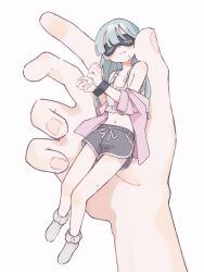 1girl 1other absurdres aqua_hair bare_shoulders black_blindfold blindfold blunt_bangs blush bound bound_wrists crop_top dolphin_shorts eye_cover frilled_socks frills highres light_smile long_hair midriff mini_person minigirl nanoni! navel off_shoulder open_clothes open_shirt original pink_shirt restrained shirt shorts socks sweat white_socks