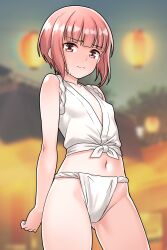 Rule 34 | 1girl, absurdres, blunt bangs, blush, fundoshi, furaggu (frag 0416), highres, indoors, japanese clothes, kantai collection, midriff, navel, night, night sky, pink eyes, pink hair, shirt, short hair, sky, sleeveless, sleeveless shirt, solo, standing, stomach, thighs, tied shirt, variant set, white shirt, z3 max schultz (kancolle)