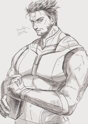 Rule 34 | 1boy, beard, bodysuit, bottle, cat, commentary, deadpool &amp; wolverine, deadpool (series), facial hair, gloves, hamu popopo, highres, holding, holding bottle, looking at viewer, male focus, marvel, marvel cinematic universe, muscular, muscular male, parted lips, pectorals, short hair, sleeveless, solo, superhero costume, symbol-only commentary, v-shaped eyebrows, veins, veiny arms, wolverine (x-men), x-men