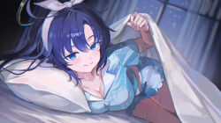 Rule 34 | 1girl, absurdres, animal print, bed, bed sheet, black halo, blanket, blue archive, blue eyes, blue hair, blue pajamas, blue shirt, blue shorts, blush, bow hairband, breasts, cat print, cleavage, closed mouth, commentary request, curtains, hair between eyes, hairband, halo, highres, indoors, looking at viewer, lying, maria (maria rose), mechanical halo, medium breasts, official alternate costume, on bed, pajamas, pillow, print pajamas, shirt, shorts, sleepwear, smile, solo, thighs, under covers, white hairband, yuuka (blue archive), yuuka (pajamas) (blue archive)
