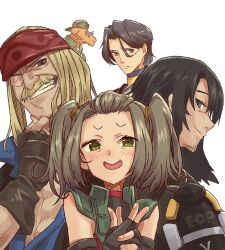 1girl 4boys black_gloves black_hair blonde_hair blue_shirt blush brown_hair commentary dickson_(xenoblade) eushima_(sgr) facial_hair fingerless_gloves glasses gloves green_eyes green_vest hammer_(xenogears) headband kevin_winnicot lao_huang long_hair looking_at_viewer loose_hair_strand multiple_boys mustache one_eye_closed red_headband round_eyewear shania_(xenoblade) shirt short_hair smile spoilers trait_connection twintails vector_industries_uniform vest xenoblade_chronicles_(series) xenoblade_chronicles_1 xenoblade_chronicles_3 xenoblade_chronicles_x xenogears xenosaga xenosaga_episode_iii