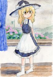 absurdres aiu_(user_dujw2424) apron black_dress black_hat blonde_hair curtains dress flower frilled_apron frills full_body hat highres hydrangea indoors kirisame_marisa long_hair looking_to_the_side no_shoes painting_(medium) short_sleeves socks standing touhou traditional_media waist_apron watercolor_(medium) white_apron white_socks window witch_hat wooden_floor yellow_eyes