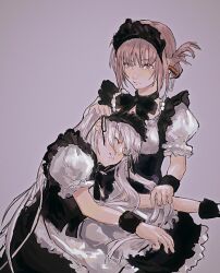 1boy 1girl ashashio black_dress brown_eyes character_request check_character closed_eyes crossdressing double_bun dress expressionless grey_background hair_bun hand_on_another&#039;s_head highres long_hair looking_at_viewer lying maid maid_headdress matching_outfits natsume_kei_(sakura_no_uta) on_side parted_lips pink_hair puffy_short_sleeves puffy_sleeves sakura_no_uta shirt short_hair short_sleeves simple_background sleeping sleeping_on_person toritani_makoto twintails white_hair white_shirt wrist_cuffs