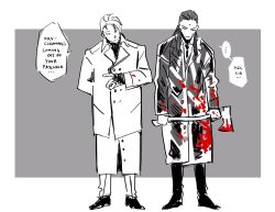 2boys american_psycho axe black_hair blood blood_on_clothes bloody_weapon closed_mouth commentary english_commentary english_text final_fantasy final_fantasy_vii full_body gloves highres holding holding_axe holding_weapon j.r._doyle jacket long_hair long_sleeves male_focus multiple_boys necktie rufus_shinra short_hair speech_bubble standing sweatdrop tseng weapon