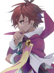 1boy brown_hair cape expressionless from_side glasses hand_on_own_elbow hand_to_own_mouth highres klug_(puyopuyo) long_sleeves mahora_1122 male_focus mystical_high_collar puyopuyo red_cape red_eyes round_eyewear short_hair solo strange_klug upper_body white_background