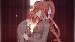 2girls blazer blush bow breasts brown_hair brown_jacket brown_sweater_vest buttons closed_eyes collared_shirt commentary curtains day doki_doki_literature_club doki_doki_literature_club_plus doki_doki_literature_club_school_uniform dress_shirt english_commentary eyebrows_hidden_by_hair fingernails floating_hair from_side furrowed_brow game_cg green_eyes grey_jacket hair_bow hair_intakes half-closed_eyes hand_on_another&#039;s_arm hand_on_another&#039;s_shoulder head_on_another&#039;s_shoulder heavy_lens_flare high_ponytail highres indoors jacket large_bow leaning_forward leaning_on_person lens_flare light_frown long_eyelashes long_hair long_sleeves lucidsky medium_breasts monika_(doki_doki_literature_club) multiple_girls neck_ribbon non-circular_lens_flare non-web_source official_art ponytail profile raised_inner_eyebrows red_ribbon ribbon satchely sayori_(doki_doki_literature_club) school_uniform shirt short_hair sidelocks squchan sunlight sweater_vest thick_eyelashes upper_body very_long_hair wavy_hair white_bow white_shirt window wing_collar