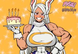 1girl :d animal_ears artist_collaboration artist_name bare_shoulders boku_no_hero_academia breasts cake candle colorized commentary covered_abs covered_navel crescent_print dark-skinned_female dark_skin english_commentary female_focus fire food fur_collar gloves grin hand_on_own_hip hand_up highleg highleg_leotard highres holding holding_plate large_breasts leotard long_eyelashes long_hair looking_at_viewer mirko mirkosimps muscular muscular_female open_mouth orange_background parallaxfused parted_bangs plate rabbit_ears rabbit_girl red_eyes simple_background sleeveless_turtleneck_leotard smile solo sparkle taut_leotard twitter_username upper_body very_long_hair white_gloves white_hair white_leotard