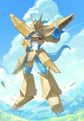 absurdres armor blue_skin blue_tail cloud colored_skin digimon digimon_(creature) dragon full_body gold_armor gold_helmet grass hand_on_own_hip highres magnamon outdoors red_eyes solo v w_(wwukuai)