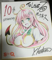 1girl ahoge anniversary breasts copyright_name demon_tail green_eyes highres lala_satalin_deviluke large_breasts open_mouth photo_(medium) pink_hair shikishi shirt signature solo sweater tail to_love-ru to_love-ru_darkness traditional_media upper_body white_shirt yabuki_kentarou yellow_sweater