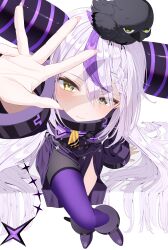 :| absurdres bad_link bird closed_mouth from_above hand_up highres hololive horns la+_darknesss legs long_hair nikumega thighhighs white_hair