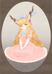 1girl absurdres alternate_costume blonde_hair blue_bow blue_bowtie blunt_bangs blush border bow bowtie brown_border brown_horns closed_mouth commentary_request dress frilled_dress frilled_sleeves frills full_body hair_bow highres horn_bow horn_ornament horns ibuki_suika kurohiba lolita_fashion long_dress long_hair looking_at_viewer orange_eyes pink_dress pointy_ears puffy_short_sleeves puffy_sleeves short_sleeves sitting smile solo touhou very_long_hair wavy_hair