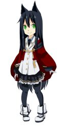 Rule 34 | 1girl, animal ear fluff, animal ears, black hair, black necktie, black pantyhose, black skirt, blazer, blue shirt, boots, buttons, cape, cat ears, cat girl, closed mouth, collared shirt, commentary request, frilled skirt, frills, full body, genetic (ragnarok online), gloves, green eyes, jacket, long hair, looking at viewer, meiko (nattu303), miniskirt, necktie, official alternate costume, pantyhose, pleated skirt, ragnarok online, red cape, shirt, sidelocks, simple background, skirt, smile, solo, very long hair, white background, white boots, white gloves, white jacket