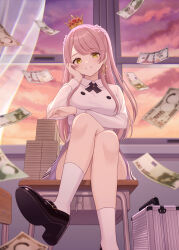 1girl arm_under_breasts banknote billionaire_program black_shoes breasts brown_eyes brown_hair chair cloud cloudy_sky collared_shirt commentary_request crossed_legs crown curtains desk earrings hand_up high_heels highres indoors isemi_rukako jewelry long_hair long_sleeves looking_at_viewer mary_janes medium_breasts mini_crown money official_art on_desk pleated_skirt puffy_long_sleeves puffy_sleeves school_chair school_desk shiromikan shirt shoe_soles shoes sitting skirt sky smile socks solo suitcase sunset transparent two_side_up very_long_hair white_shirt white_skirt white_socks window