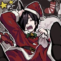 Rule 34 | animal ears, bell, black hair, chino (sky tanosi), christmas, christmas stocking, closed eyes, commentary request, dog boy, dog ears, flying sweatdrops, hair over one eye, hand on own head, hat, holding, holding sack, lying, neck bell, on back, open mouth, original, sack, santa costume, santa hat, short hair, solo, tilted headwear