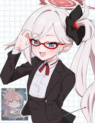 2girls :d absurdres adjusting_eyewear alternate_costume arm_behind_back aru_(blue_archive) bespectacled black_skirt blue_archive blunt_bangs bow bowtie chair chibi chibi_inset collared_shirt commentary_request demon_girl demon_horns desk flower forehead glasses grey_hair hair_flower hair_ornament hair_scrunchie halo highres holding holding_pen horns keke_(user_djyu7823) long_hair long_sleeves looking_at_viewer meme multiple_girls mutsuki_(blue_archive) notebook open_mouth parted_bangs pen pencil_skirt pointer pointy_ears purple_eyes red_bow red_bowtie red_hair school_chair school_desk school_uniform scrunchie semi-rimless_eyewear shirt side_ponytail sidelocks simple_background skirt sky smile solo_focus space space_cat_(meme) star_(sky) starry_sky white_shirt yellow_eyes