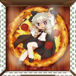 1girl anchovy_(girls_und_panzer) anzio_school_uniform arms_up belt black_belt black_cape black_necktie black_ribbon black_shoes black_skirt blush bright_pupils cape chaki_(teasets) chibi commentary_request dress_shirt drill_hair fang female_focus food food_on_face from_above frown girls_und_panzer green_hair hair_ribbon in_food loafers long_hair long_sleeves looking_at_viewer miniskirt necktie open_mouth pantyhose pepperoni pizza pleated_skirt red_eyes ribbon riding_crop school_uniform shirt shoes skin_fang skirt solo steam twin_drills twintails white_pantyhose white_pupils white_shirt