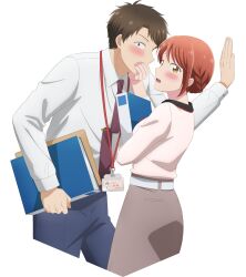 1boy 1girl anime_coloring belt binder blue_pants blush braid brown_eyes brown_hair brown_necktie collared_shirt covering_another&#039;s_mouth cowboy_shot embarrassed envelope grey_skirt highres holding holding_binder holding_envelope id_card kono_kaisha_ni_suki_na_hito_ga_imasu lanyard leaning_forward long_sleeves looking_at_viewer manila_envelope mitsuya_yui necktie official_art open_mouth pants red_hair sanpaku shirt shirt_tucked_in short_hair skirt standing tateishi_masugu tie_clip transparent_background two-tone_background very_short_hair white_background white_belt white_shirt