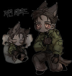1boy absurdres animal_ears bean_bag_chair black_background black_gloves black_shirt bloodshot_eyes brown_hair cigarette closed_eyes constricted_pupils dog_ears dog_tail furry gloves green_jacket highres holding holding_cigarette holding_jacket holding_unworn_clothes jacket ju-san korean_text messy_hair multiple_views on_one_knee original outline scratches shirt short_hair sitting smoke tail unworn_jacket white_outline yellow_eyes
