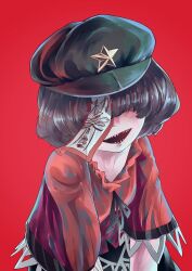 Rule 34 | 1girl, black hair, black hat, black ribbon, black skirt, blush, commentary request, hair between eyes, hair over eyes, hat, hat ornament, highres, jiangshi, lace-trimmed sleeves, lace trim, leaning forward, miyako yoshika, neck ribbon, newsboy cap, ofuda, open mouth, red background, red shirt, ribbon, sharp teeth, shirt, short hair, short sleeves, simple background, skirt, smile, solo, star (symbol), star hat ornament, teeth, touhou, umaieokakitai, upper body