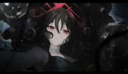 1girl absurdres bandage_on_neck bandaged_arm bandages black_tank_top blue_archive brown_hair commentary hair_between_eyes halo highres kyatto-mikazu looking_at_viewer misaki_(blue_archive) red_eyes red_halo short_hair solo tank_top upper_body