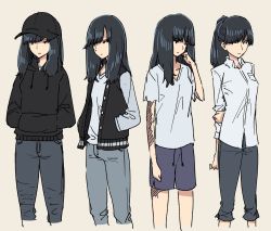 1girl amamiya_yumi beige_background black_hair burn_scar casual collared_shirt covered_eyes multiple_expressions hair_over_eyes hair_over_one_eye hikage_monogatari hood hoodie jacket jimiko long_hair nerdy_girl&#039;s_story pants scar shirt shorts simple_background solo urin