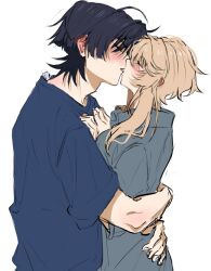 1boy 1girl adam&#039;s_apple aqua_shirt arms_around_waist black_hair blonde_hair blue_shirt blue_sleeves blunt_ends blush closed_eyes couple dintoge ear_blush eyelashes facing_another fingernails from_side genshin_impact hand_on_another&#039;s_back hands_on_another&#039;s_chest hetero highres hug imminent_kiss lumine_(genshin_impact) open_mouth profile scaramouche_(genshin_impact) shirt short_hair short_hair_with_long_locks short_sleeves sidelocks sketch white_background