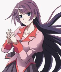Rule 34 | 1girl, bakemonogatari, blue eyes, blush, breasts, collared shirt, cowboy shot, floating hair, hands up, highres, juliet sleeves, long hair, long sleeves, looking at another, looking at viewer, medium breasts, monogatari (series), naoetsu high school uniform, necktie, open mouth, own hands together, pink shirt, pleated skirt, puffy sleeves, purple hair, purple necktie, purple skirt, school uniform, senjougahara hitagi, shirt, simple background, skirt, solo, very long hair, white background, xiaomei92835