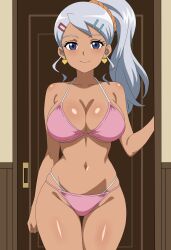 1girl absurdres bakugan bikini blue_eyes breasts cleavage grey_hair highres julie_heyward large_breasts legs long_hair looking_at_viewer navel pink_bikini ponytail seductive_gaze seductive_smile smile solo swimsuit thighs tsubasadraw