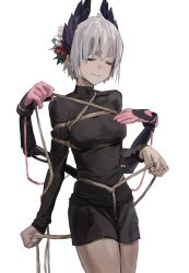 Rule 34 | 1girl, a tea, arknights, bdsm, bondage, bound, breast bondage, breasts, closed eyes, crotch rope, grey hair, highres, mechanical arms, medium breasts, raidian (arknights), shibari, shibari over clothes, solo, standing, sweater, turtleneck, turtleneck sweater, white background