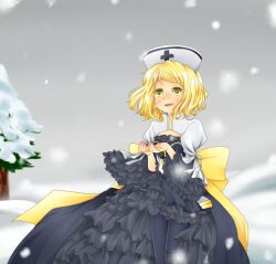 1girl arch_bishop_(ragnarok_online) back_bow black_dress black_pantyhose blonde_hair blush bow cleavage_cutout clothing_cutout commentary_request cowboy_shot cross cupping_hands day dress frilled_dress frills grey_dress grey_hat grey_sky hat juliet_sleeves long_sleeves looking_afar meiko_(nattu303) nurse_cap open_mouth overcast own_hands_together pantyhose puffy_sleeves ragnarok_online short_hair sky smile snow snowing solo tree two-tone_dress yellow_bow yellow_eyes