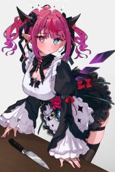 1girl apron black_skirt black_thighhighs blue_eyes blunt_bangs brooch chest_bow commentary crinoline crystal_wings detached_wings double_halo drill_hair english_commentary frilled_apron frilled_sleeves frills hair_ribbon halo heterochromia highres hololive hololive_english horns irys_(hololive) irys_(maid)_(hololive) jewelry juliet_sleeves kitchen_knife lace-trimmed_collar lace_trim leaning_forward long_sleeves looking_at_viewer magui3 maid maid_apron multicolored_hair nail_polish official_alternate_costume official_alternate_hairstyle pink_nails pointy_ears puffy_sleeves purple_eyes purple_hair red_hair ribbon shirt short_hair simple_background skirt solo star_(symbol) star_halo star_in_eye streaked_hair symbol_in_eye thigh_strap thighhighs twin_drills twintails virtual_youtuber white_apron white_background white_shirt wide_sleeves wings