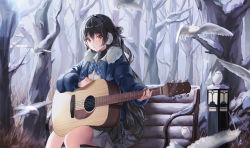1girl absurdres acoustic_guitar bare_tree bench bird black_hair black_skirt blue_bow blue_bowtie blue_coat bow bowtie coat commentary day earmuffs english_commentary feet_out_of_frame fur-trimmed_coat fur_trim guitar hair_rings highres huge_filesize instrument lantern long_hair long_sleeves looking_at_viewer miniskirt music nagul on_bench open_clothes open_coat orange_eyes original outdoors parted_lips playing_instrument pleated_skirt sitting skirt solo tree very_long_hair winter winter_clothes winter_coat