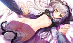 1girl arm_grab blush bow bow_bra bow_panties bra bra_lift bra_peek breasts clothes_lift clothes_pull collarbone frilled_panties frilled_underwear frills game_cg hayakawa_harui highres light_purple_hair long_hair navel nipples panties panty_pull pink_bra pink_panties restrained shirt_lift shoujo_shin&#039;iki_shoujo_tengoku skirt skirt_pull takagi_sana tearing_up tears thighhighs underwear white_skirt white_thighhighs yellow_eyes