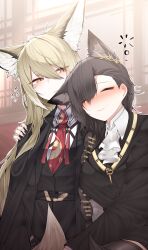 Rule 34 | 2girls, absurdres, animal ears, arknights, ascot, black coat, black gloves, black jacket, black nails, blonde hair, closed eyes, closed mouth, coat, collared shirt, commentary, dated commentary, drunk, english commentary, fox ears, fox girl, gloves, grey hair, highres, jacket, long hair, multiple girls, nail polish, necktie, orange eyes, penance (arknights), red necktie, samip, shirt, squeans, vulpisfoglia (arknights), white ascot, white shirt, wolf ears, wolf girl