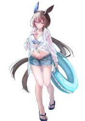 Rule 34 | 1girl, absurdres, admire vega (umamusume), animal ears, blue shorts, denim, denim shorts, full body, highres, horse ears, horse girl, navel, rontuta6, see-through clothes, see-through shirt, shirt, shorts, simple background, solo, swim ring, umamusume, white background